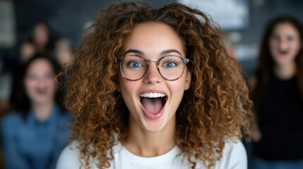 A joyful woman with curly hair and glasses exhibits her excitement and surprise, surrounded by cheering friends, embodying the spirit of celebration and happiness.