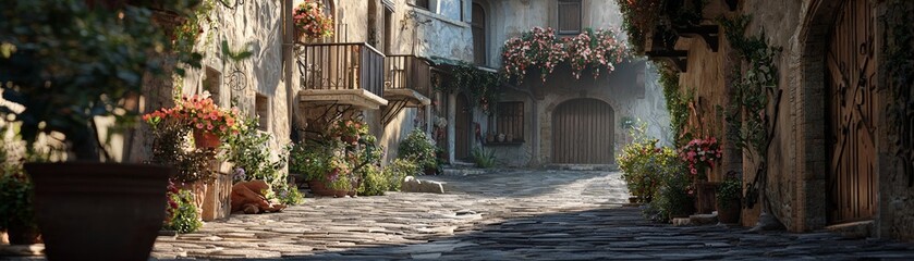 Charming cobblestone street scene quaint village digital art serene environment eye-level view nostalgic concept
