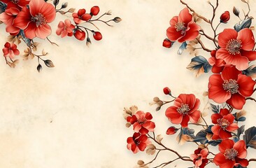 Elegant red floral arrangement with golden accents, ideal for Chinese New Year greetings, upscale branding, or luxury invitations. Soft cream background enhances sophistication.