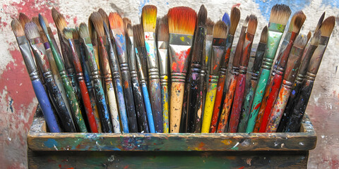 Obraz premium Collection of Paintbrushes in Wooden Container
