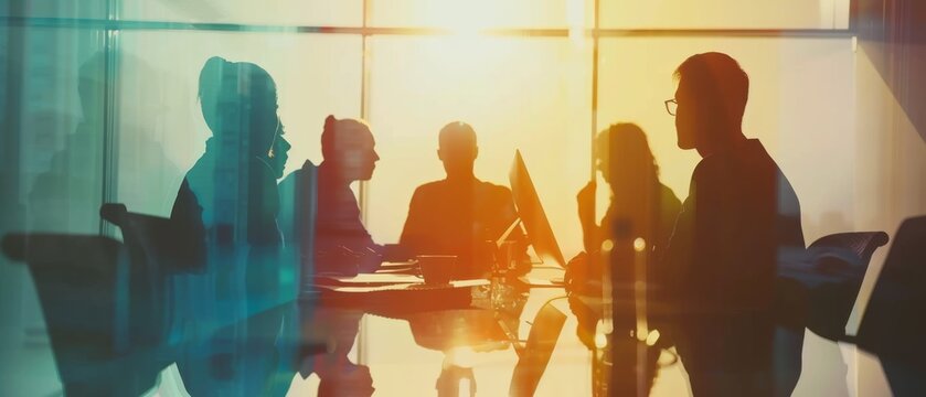 A team meeting is silhouetted against a vibrant sunset, symbolizing unity and brainstorming.