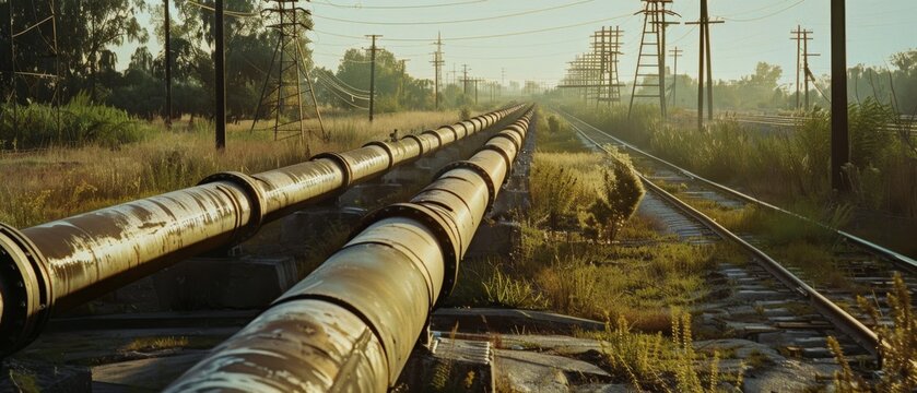 A rustic industrial scene featuring parallel rusty pipelines and railway tracks stretching into the horizon, surrounded by wild greenery under a hazy sky.