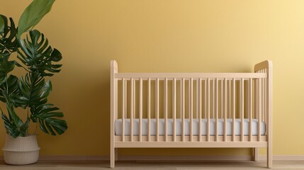 Low Birth Rate Crisis Concept, Minimalist Nursery Design Featuring Empty Crib Against Yellow Wall with Decorative Plant