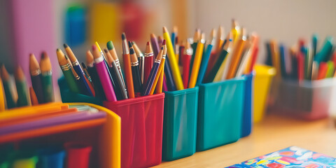 Fototapeta premium Organized collection of colorful pencils in containers