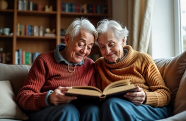 Elderly couple relaxes on sofa. Look at old photo album together, smile. Cozy home setting. Happy couple enjoys retirement. Reminisce about past. Leisurely activity. Warm, loving relationship.