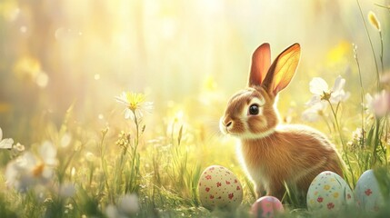 Fototapeta premium Cute Easter rabbit with decorated eggs and spring flowers on green spring landscape. Little bunny in the meadow, with copy space. Selective focus