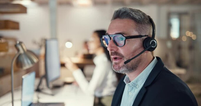 Call center, computer and consulting with business man in office for night, telemarketing or mortgage broker. Contact us, real estate advisor or communication with mature person pointing at help desk