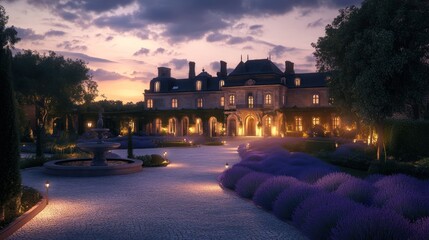 A serene evening view of a luxurious mansion surrounded by lavender gardens.