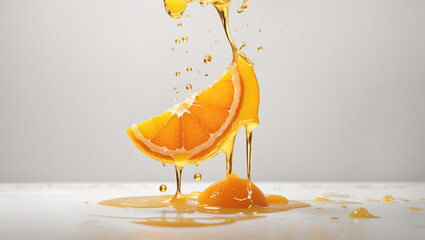 Two orange halves with juice splashing around them.

