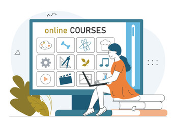 Woman choosing online courses. Young girl with laptop watches webinars and seminars. Remote education and training. Hobby and leisure. Linear vector illustration