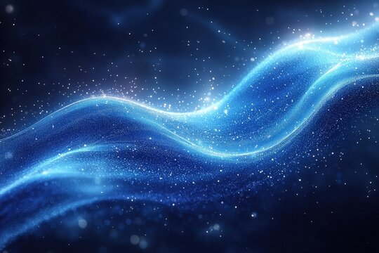 Glowing blue wave of light particles in motion on dark background