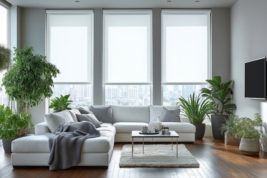 Modern living room with white roller shades on large windows overlooking city view. Comfortable white sectional sofa with grey throw blanket, pillows. Houseplants in various pots placed around room.