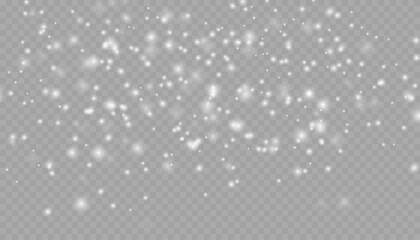 Realistic falling snow with snowflakes and clouds. Vector heavy snowfall, snowflakes in different shapes and forms. Many white cold flake elements on transparent background.