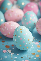 Pastel Pink, Blue and Gold Easter Eggs on Blue Background with Confetti, Easter Celebration Concept