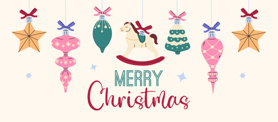Merry Christmas banner. Xmas tree decoration backgound. Winter holidays greeting card