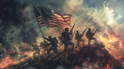 A historical moment involving the American flag, such as the flag-raising at Iwo Jima, with detailed character expressions and a dramatic, heroic composition.