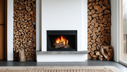 Cozy modern living room interior with fireplace and wood storage