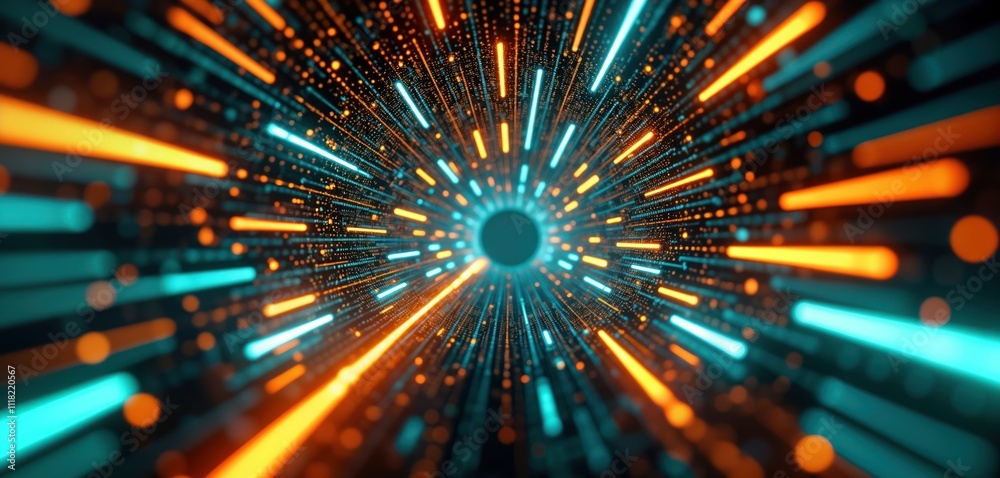 Leinwandbilder Abstract tech tunnel with vibrant orange, turquoise glowing lines. Digital data streams code moving rapidly create dynamic effect. Cyberpunk style visual. Futuristic design. Abstract image. Modern