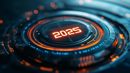 futuristic button display with test "2025". a celebration to celebrate or welcome the new year. for technology poster elements