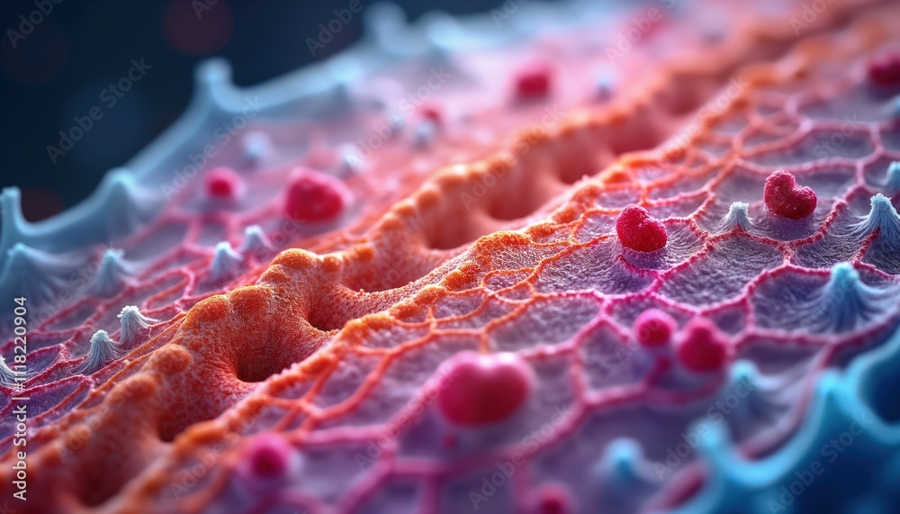Leinwandbilder Microscopic view of connective tissue. Fibroblasts visible between collagen layers. Complex network structure provides tissue support. Molecular structure of human tissue. Biochemistry, microbiology.