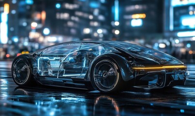 Futuristic transparent car design in a neon-lit urban environment.