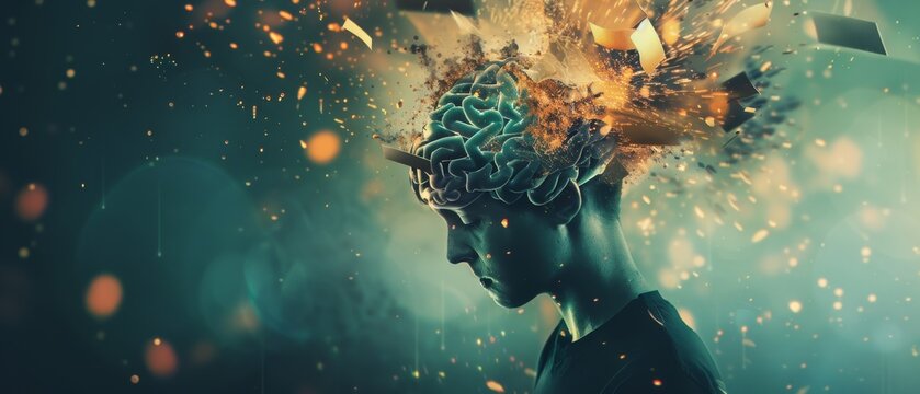 A digital brain concept with explosive ideas and creativity unfolding, showcasing futuristic innovation and imagination.