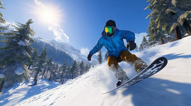 Snowboarder Descending Snowy Mountain Slope Digital Painting, Winter Sports, Extreme Sports Snowboarding, Winter Landscape