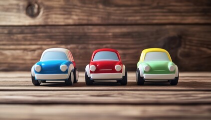 Fototapeta premium Close-Up of Three Cute Cartoon Toy Cars in Red, Green, and Blue on a Wooden Table Background
