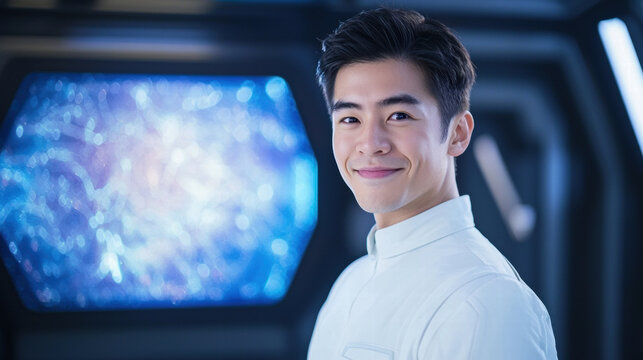 confident space commander in white uniform smiles in futuristic setting, showcasing advanced technology and vibrant background