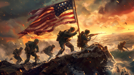 A historical moment involving the American flag, such as the flag-raising at Iwo Jima, with detailed character expressions and a dramatic, heroic composition.