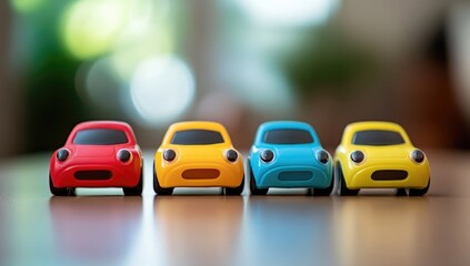 Fototapeta premium Close-Up of Three Cute Cartoon Toy Cars in Red, Green, and Blue on a Wooden Table Background