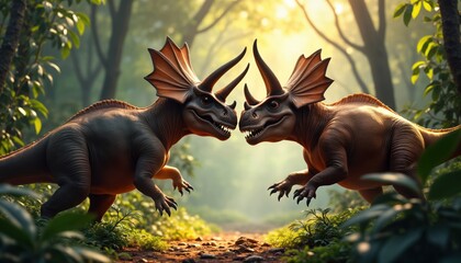 Obraz premium Two triceratops engage in playfight. Sharp horns gleam under warm sunlight filtering through dense canopy. Dino children fun in prehistoric era. Scene shows vibrant cartoon art style. Fossil hunting