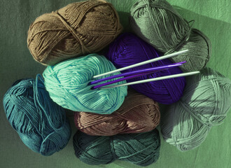 Cotton yarn for knitting and knitting needles. Ball of cotton for knit macrame, crochet,...