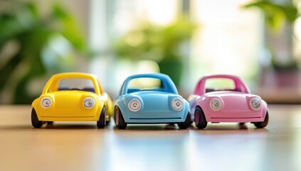 Fototapeta premium Close-Up of Three Cute Cartoon Toy Cars in Red, Green, and Blue on a Wooden Table Background