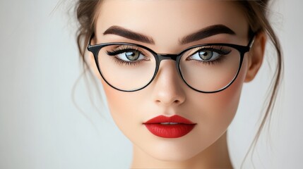 Fototapeta premium Close Up Portrait, Beautiful Young Woman with Classic Black Glasses, Fashion Red Lipstick Makeup