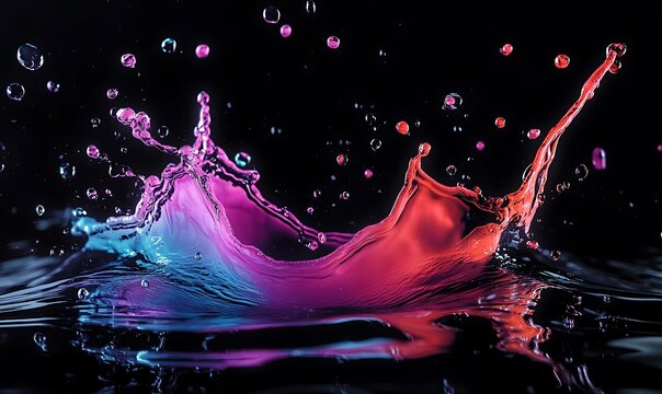 This image captures a splash of various colorful liquids at the moment of impact, displaying a vivid and dynamic scene with a mix of hues