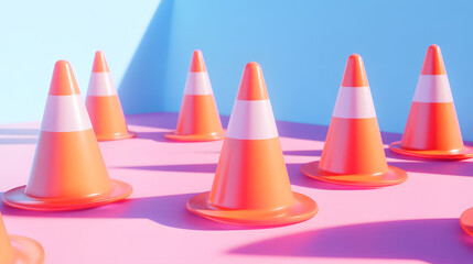 Bright orange traffic cones arranged on a vibrant pink surface under a blue backdrop at a creative event