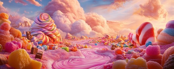 Candyland Dreamscape Digital Painting of a Sweet Landscape, gumdrop mountains, candy river, sunset sky, digital art, fantasy art Candy, sweets