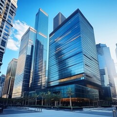 Obraz premium Modern Glass Skyscrapers Soar into the Clear Blue Sky in the Financial District, Urban Landscape