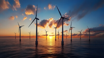 Obraz premium Wind turbines standing tall against a vibrant sunset over calm ocean waters