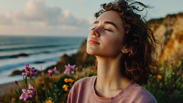 Peaceful Young Woman Enoying the Summer Ocean Breeze.