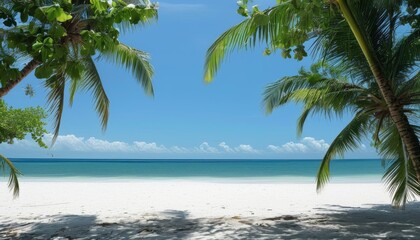 Fototapeta premium Serene Tropical Beach with Clear Blue Sky and Palm Trees Framing View