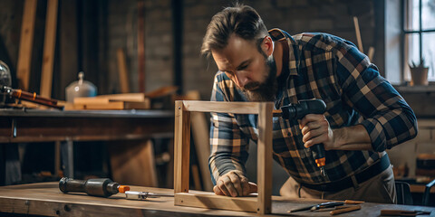 Carpenter craftsman woodworking frame furniture assembly workshop drill.