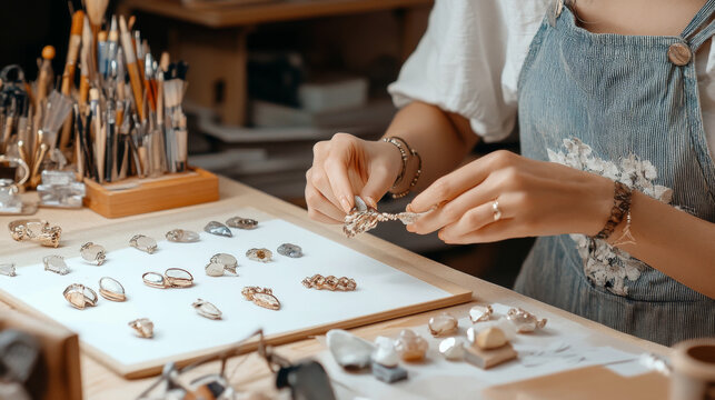 person carefully crafting jewelry at workbench, surrounded by tools and various pieces. scene captures intricate process and creativity involved in jewelry making