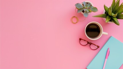Pink Desk Workspace: Flat lay showcasing a stylish workspace with succulents, coffee, glasses, a notebook, and pen on a vibrant pink background. Ideal for blogs, social media, or feminine branding.