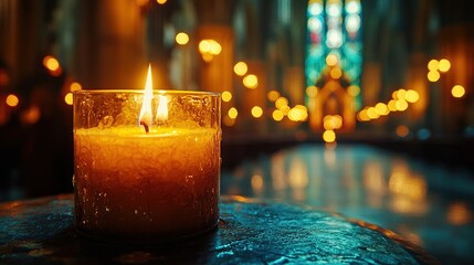 A single lit candle in a church, glows brightly in the darkness, reflecting peace and serenity.