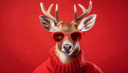 Stylish deer wearing red sunglasses and a cozy sweater against a bright red background, showcasing a fun and playful concept perfect for festive themes and wildlife illustrations