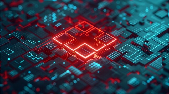 Digital Pulse: A glowing red cross pulses within a network of interconnected circuit boards, symbolizing the vital role of technology in modern healthcare. - Powered by Adobe