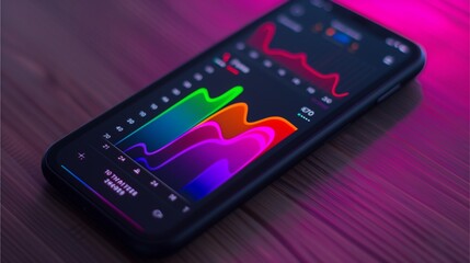 Smartphone Analytics: A close-up shot of a smartphone displaying vibrant, dynamic graphs and charts, representing data visualization and business performance.
