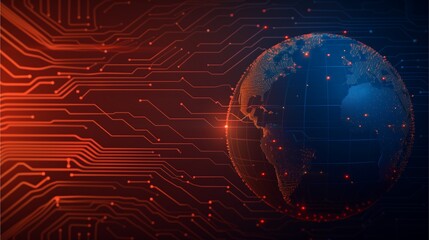 Global Network:  A futuristic digital globe embedded within a vibrant circuit board, symbolizing global connectivity and technological advancement. 